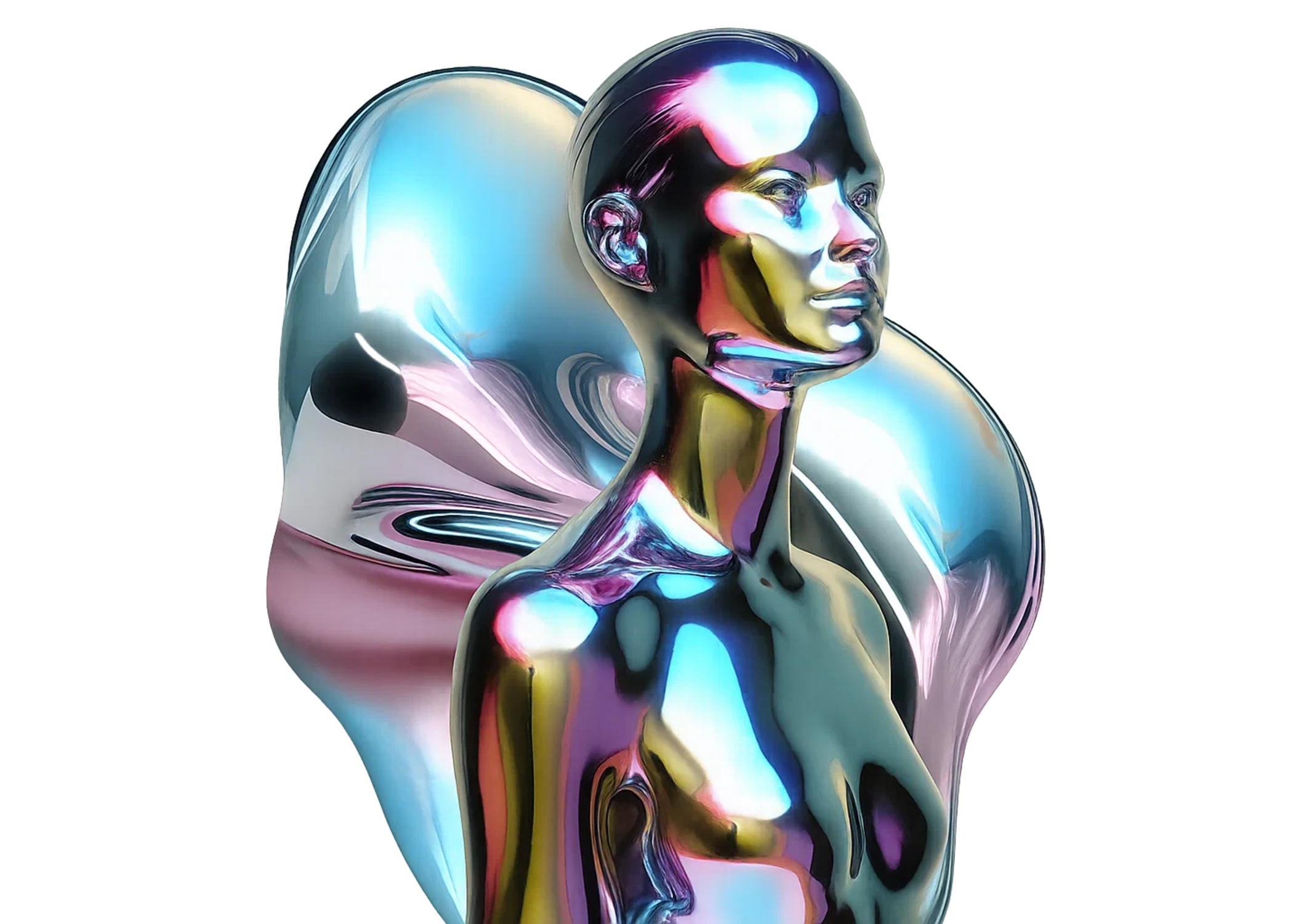 Colorful chrome futuristic human bust sculpture